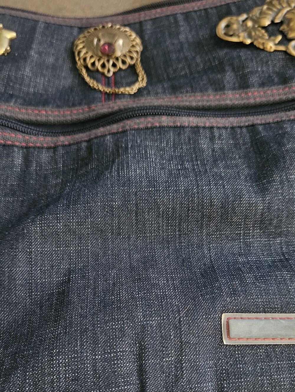 Polo Ralph Lauren Denim Shoulder Messenger Bag Red Trim Three Gorgeous Brooches
